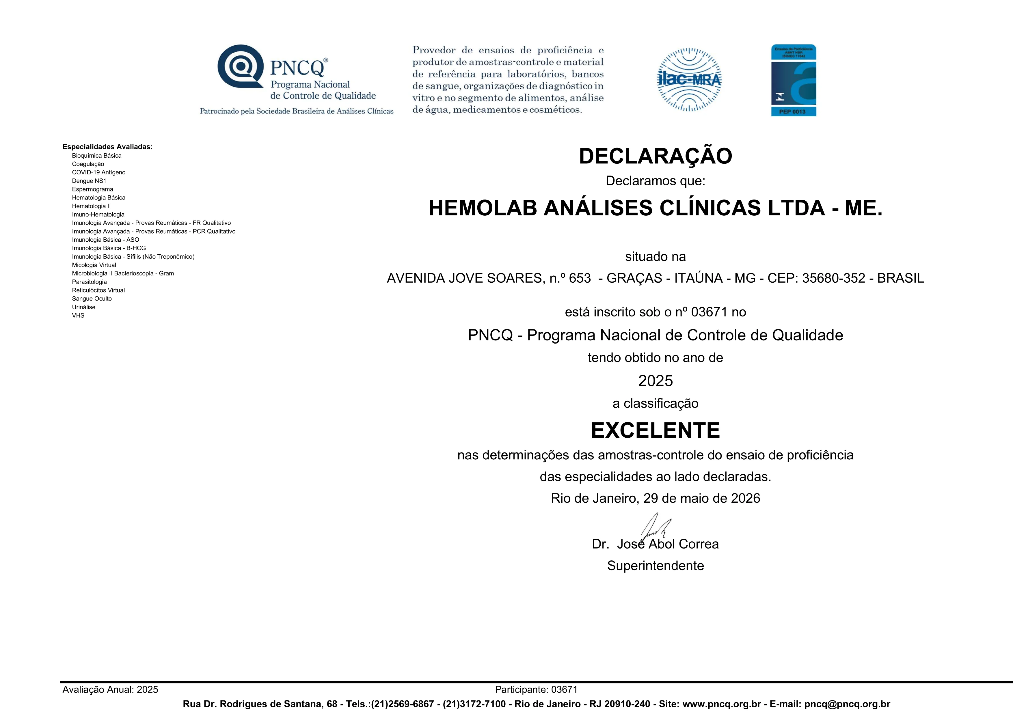 PNCQ — Classificação Excelente